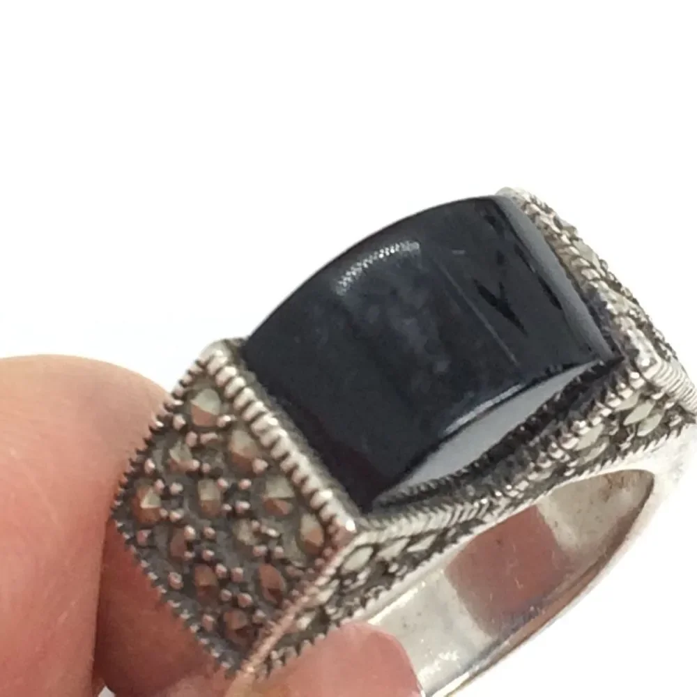STERLING SILVER RING Black Stone Marcasite Domed Statement Boho Sz 9.25